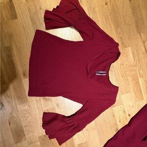 Deep Red Textured Bell Sleeve Top -by Anthropologie